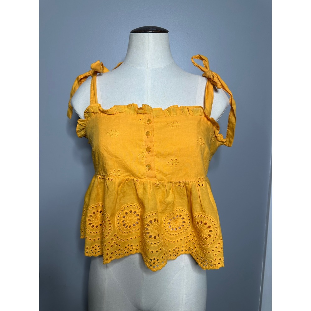Urban Outfitters Yellow Eyelet Babydoll Cami Tie Strap Ruffle Boho Marigold M